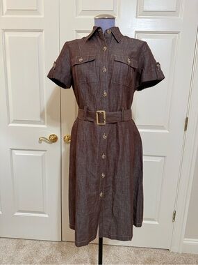 Lafayette 148 New York Brown Linen Belted Shirt Dress – Size 8